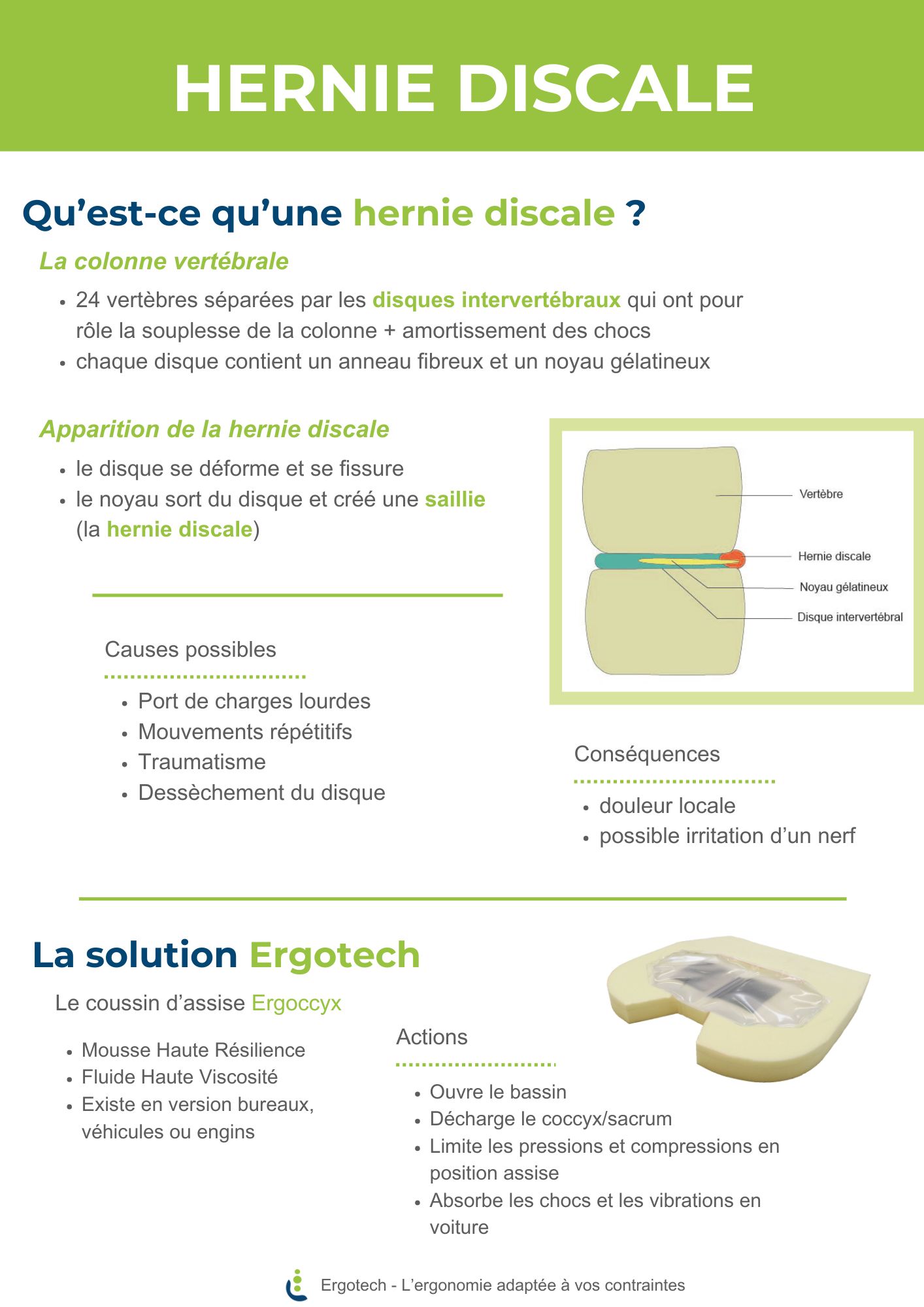 Colonne vertébrale : 24 vertèbres séparées par les disques intervertébraux qui ont pour rôle la souplesse de la colonne + amortissement des chocs; chaque disque contient un anneau fibreux et un noyau gélatineux. Apparition de la hernie discale : le disque se déforme et se fissure; le noyau sort du disque et créé une saillie (la hernie discale). Causes possibles : Port de charges lourdes Mouvements répétitifs Traumatisme Dessèchement du disque. Conséquences : douleur locale possible irritation d’un nerf. Coussin Ergoccyx par Ergotech pour hernie discale : Mousse Haute Résilience Fluide Haute Viscosité  Existe en version bureaux, véhicules ou engins. Actions : Ouvre le bassin Décharge le coccyx/sacrum Limite les pressions et compressions en position assise Absorbe les chocs et les vibrations en voiture